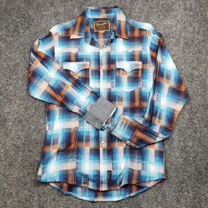 Wrangler Retro Shirt Mens Medium Blue Plaid Western Pearl Snap Long Sleeve